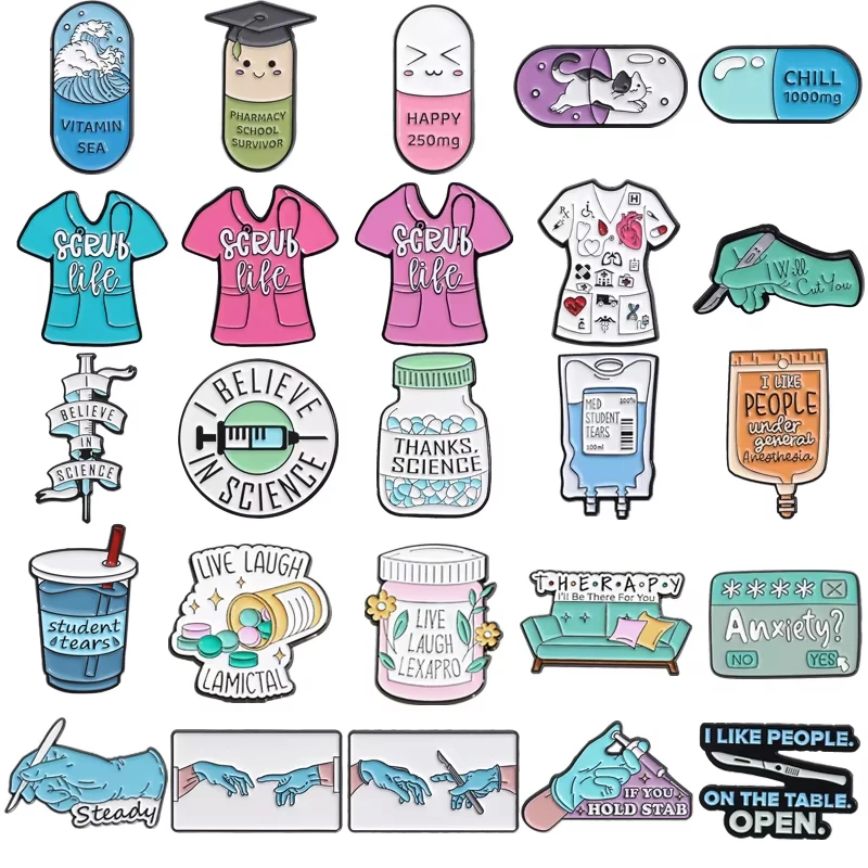 Happy Love Pill Enamel Brooch Medical Items Collection Syringe Badge Lapel Pin Hospital Doctor Nurse Wholesale Gift For Student