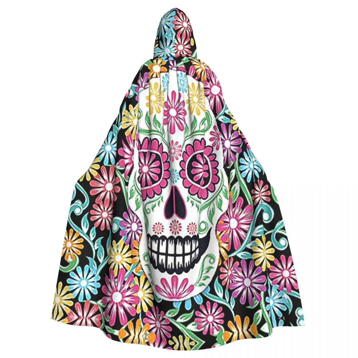 

Day Of Dead And Floral Skull Pattern Long Hooded Cloak Witch Medieval Costume Cosplay Cape HalloweenCoat Adult Unisex