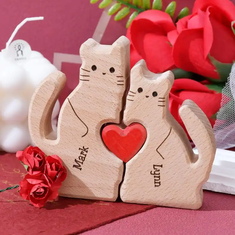 2025 Cat Family Puzzle New Year Gifts Personalized Wooden Custom Engraving Names Figurines Home Holiday Decor for Mom Dad Kids