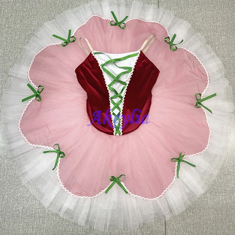 

Akeylia children ballet tutu professional performance pancake tutu red green with bow customized competition dress BLST20109
