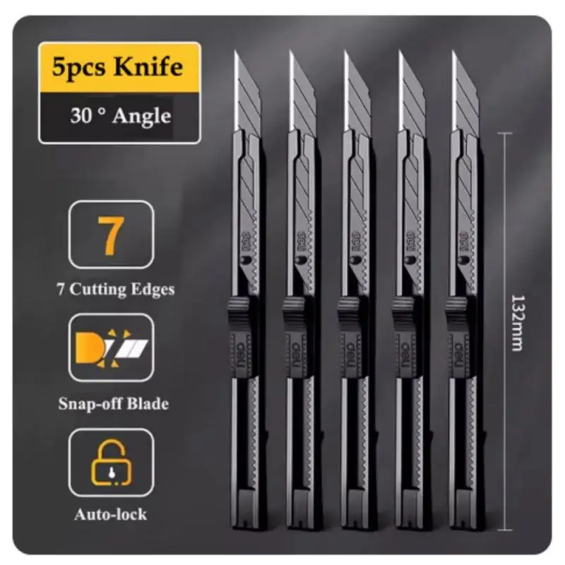 Deli-cuchillo utilitario negro de 9mm, cuchillas afiladas de acero al carbono de 30 grados, cuchillas Sk5, diseño de bloqueo automático para el hogar y la Oficina