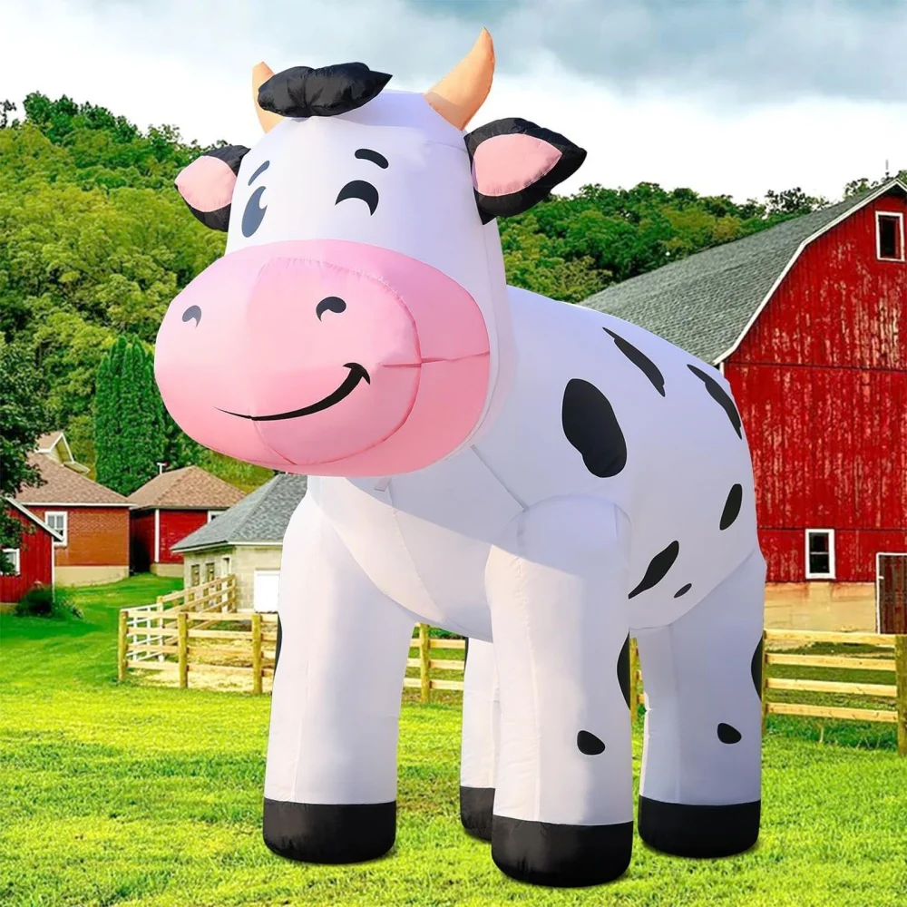 2M Christmas Cow Inflatables Decoration Cute Animals Dairy Cattle Blow Up Model Outdoor for Farm Yard Lawn Xmas Holidays Decor