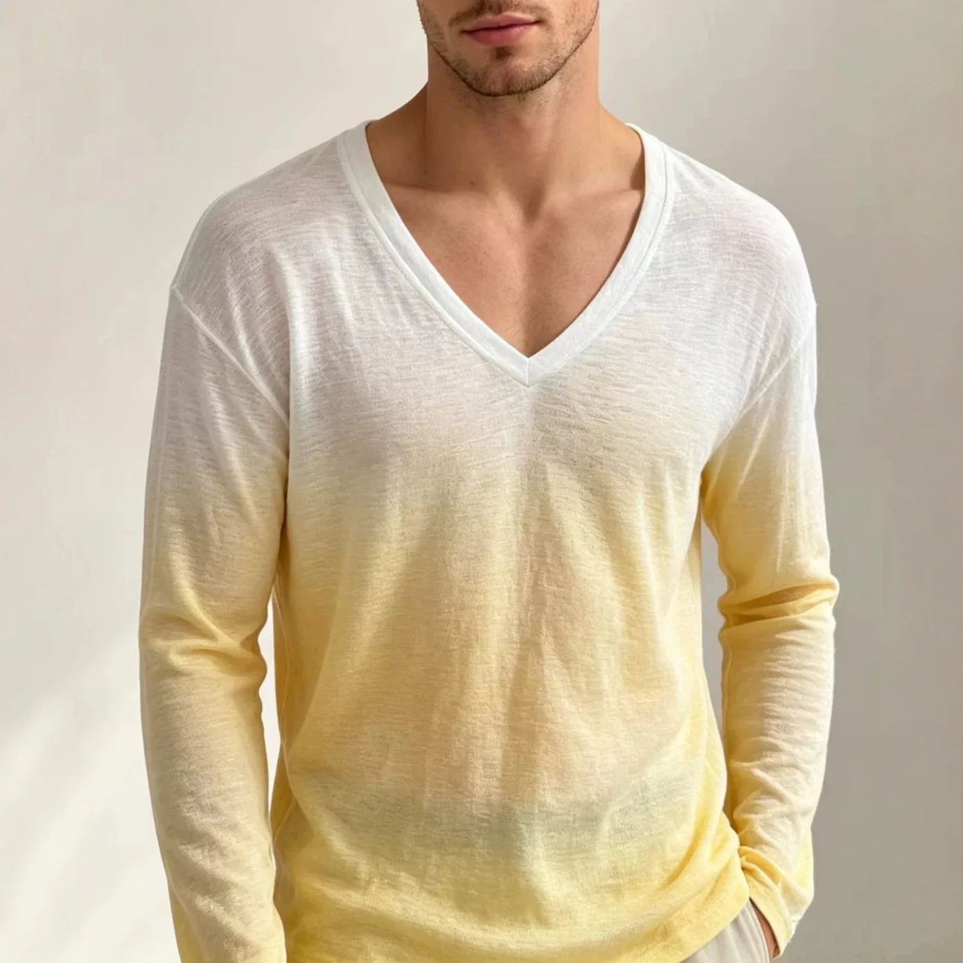 Men Slightly Transparent Shoulder-down Perspective Gradual Change T-shirt Breathable Light Bottoming Shirt Sunscreen Shirt