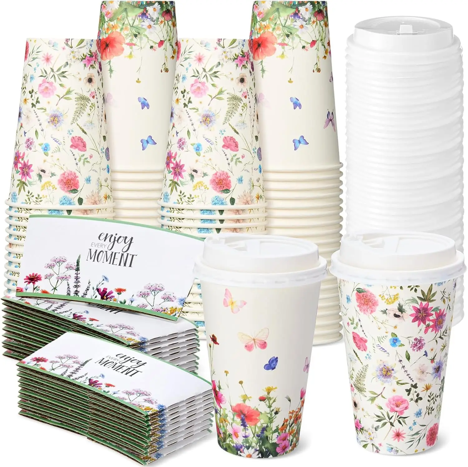 

50 Sets 16oz Floral Disposable Coffee Cups with Lids and Sleeves Vintage Spring Floral Paper Cups, Thick and Leak-proof