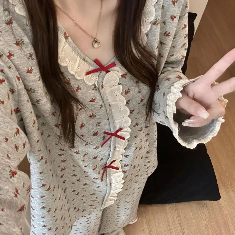 Lace Fashion Women's Long Sleeved Long Pants Sleepwear Spring and Autumn Spicy Girls' Cardigans Elegant Girl's Suit Home Clothes