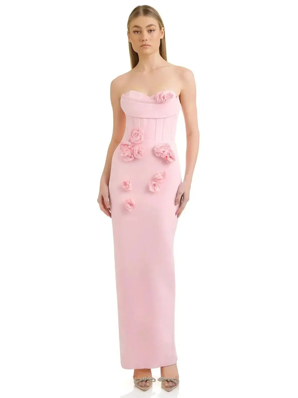 2024 Summer New Women\'s Sexy Elegant Strapless Three-Dimensional Flower Deoration Split Bandage Long Dress Celebrity Dress