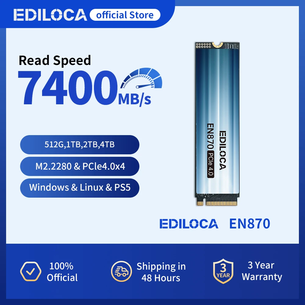 

Ediloca EN870 SSD 7400MB/s NVMe M.2 2280 SSD PCIe Gen4.0x4 Internal Solid State Drive PS5 Dynamic SLC Cache for Gaming PC Laptop