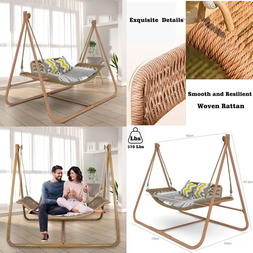 

JESE Outdoor and Indoor Hammock Swing Chair with Stand, Rust-Resistant Wood-Tone Frame, 570 lbs Weight Capacity, Plush Cushion,