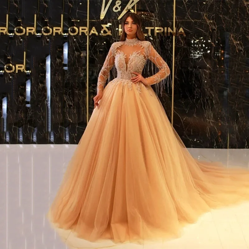 

Customized Princess Sequins Evening Dress High Neck A Line Beads Prom Dresses With Long Sleeves Women Gowns فساتين السهرة 2025