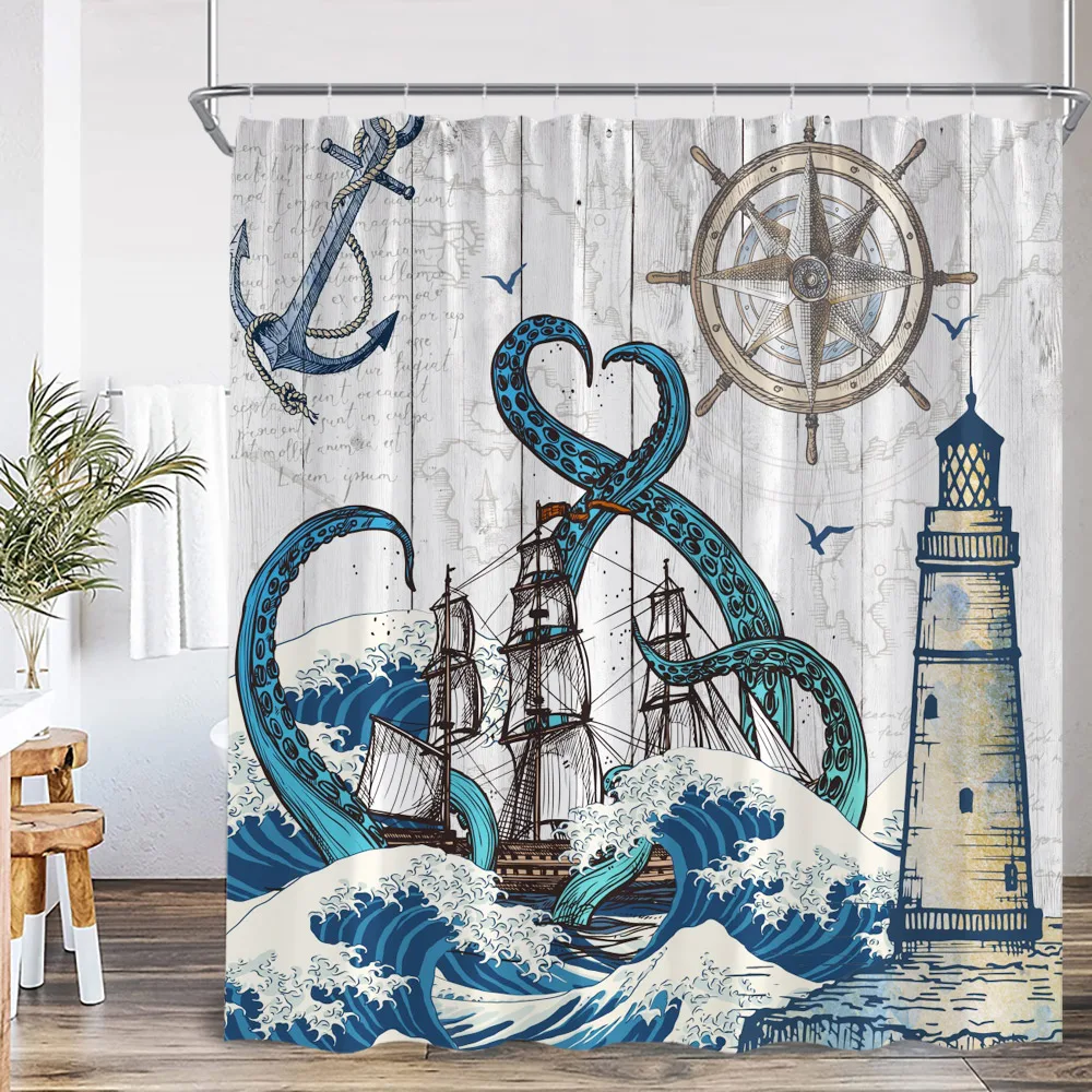 

Octopus Nautical Shower Curtain Ocean Animal Wave Marine Life Map Vintage Bathroom Decor Sea Kid Child Bath Curtain with Hook