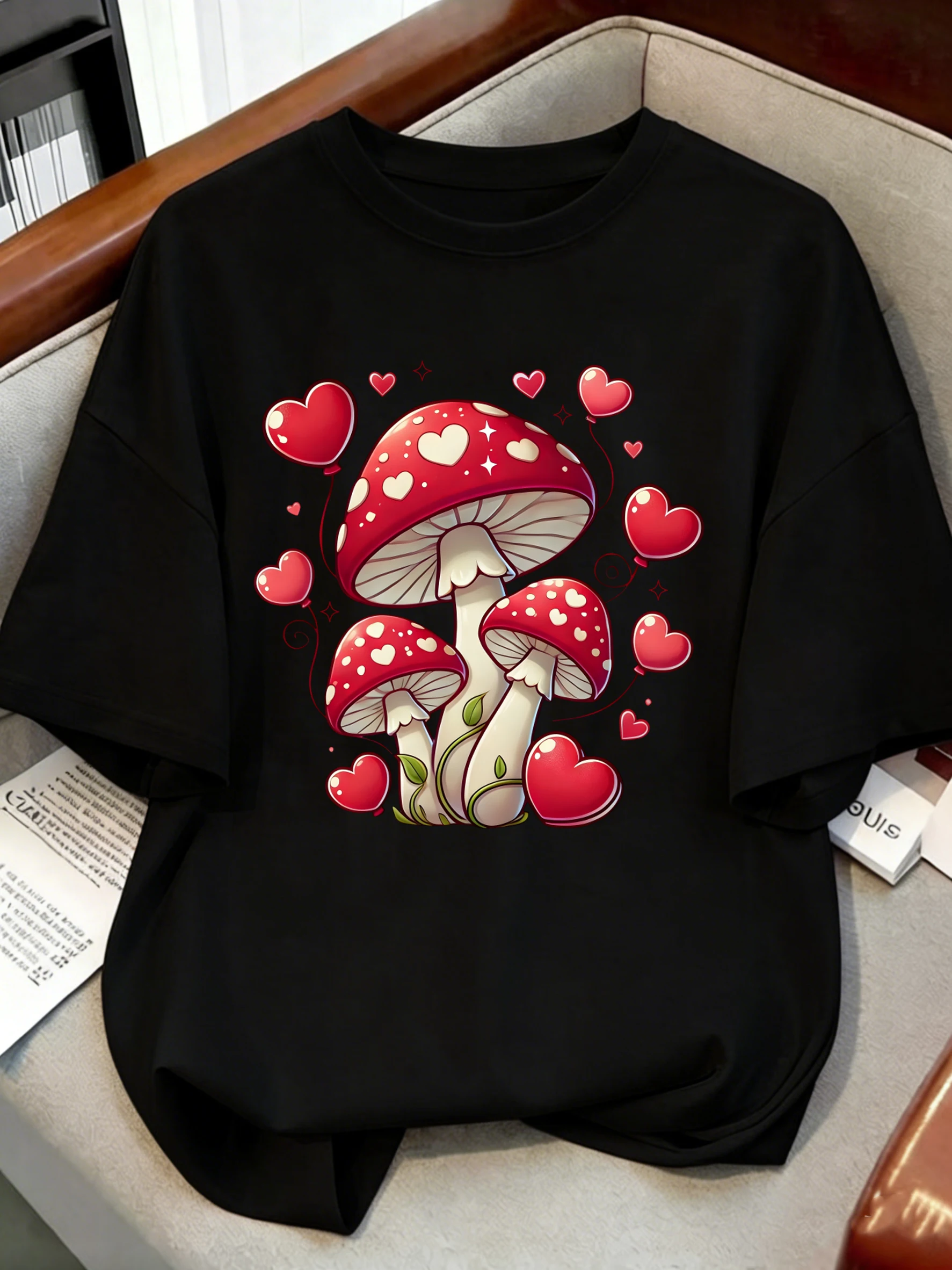 Heart Balloon Mushroom Printing T-Shirts Womens Cotton Summer Short Sleeve T Shirts O-Neck Oversized Tops Street Soft Clothes