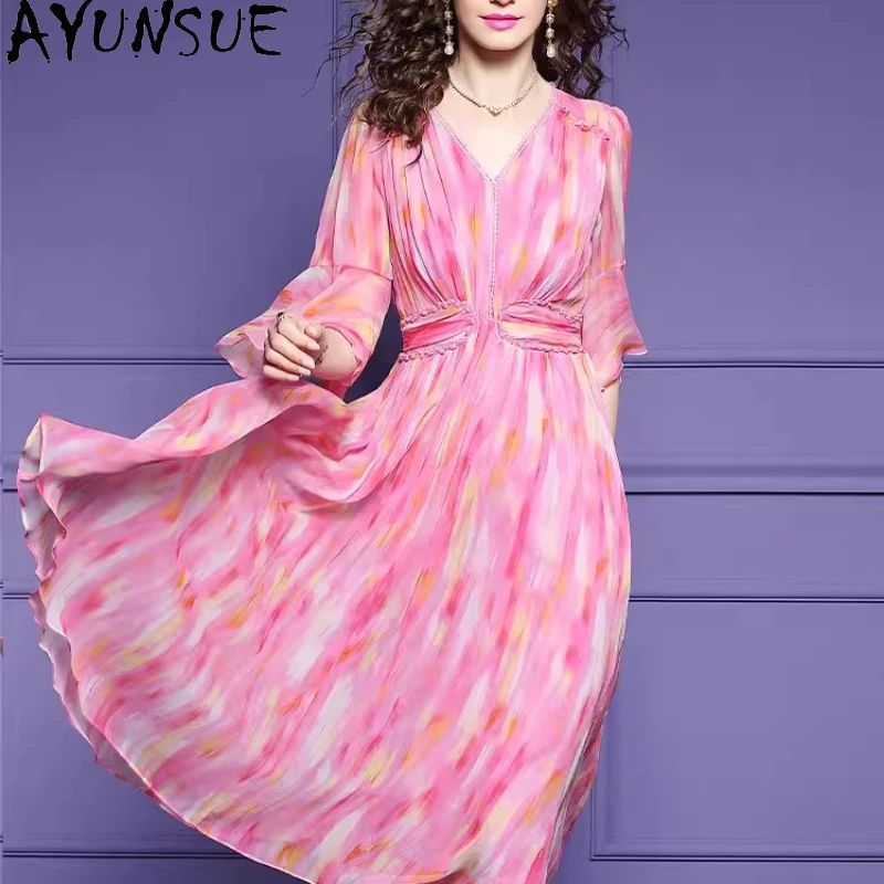 AYUNSUE 100% Real Mulberry Silk Dress 2025 Elegant Dresses for Women Summer Woman Clothes Fashion New in Dressess Платье Женское