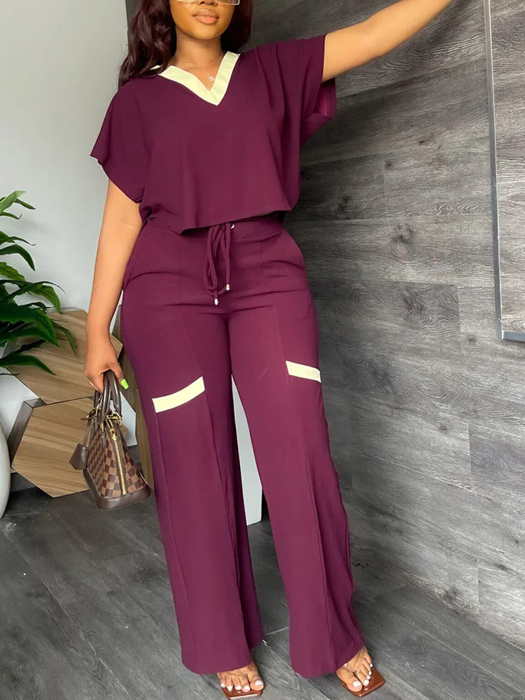 Summer Fall Short-sleeve Trousers Two-piece Pullover V-neck Tops Wide-leg Long Pants Sashes Casual Sport Fashion Suits For Women