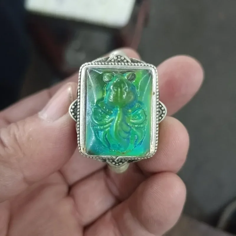Vintage Cloisonne Goldfish Ring, Inlaid Natural Temperature Color Changing Gem, Adjustable Open Unisex Handmade Jewelry