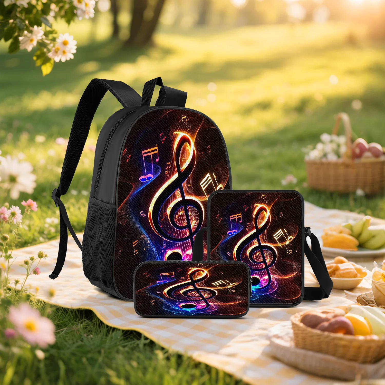 3-Piece Neon Treble Clef Backpack Set, Glowing Music Note Print School Backpack with Crossbody Bag and Pencil Case, Lightweight