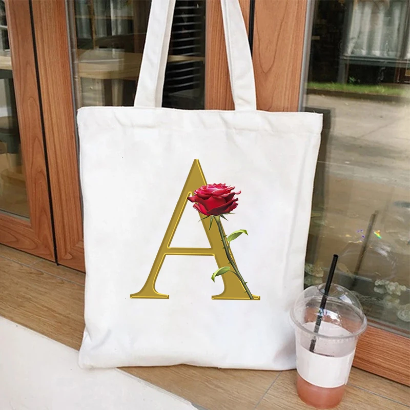 Rose Letter Print Canvas Bag Women 26. Alphabet A-Z Shoulder Bags Letter Series Tote Bag Girls Bacherlette Party Shopping Bag