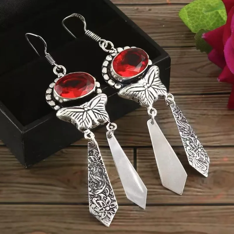 

Huajie Ancient Silver Butterfly Carved Floral Tassel Pendant Earrings for Women Vintage Red Zircon Elegant Jewelry Fashion Trend