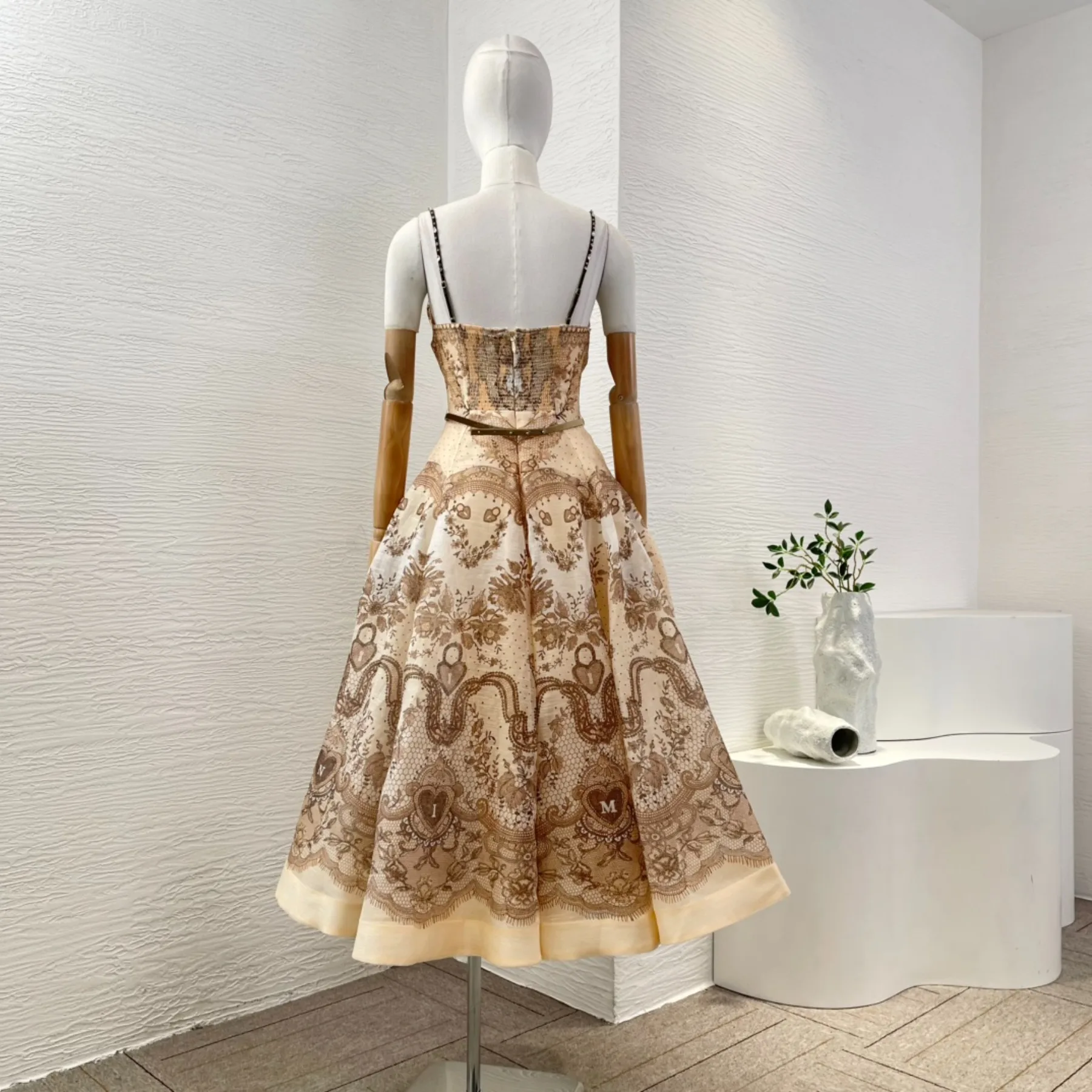 Brown Floral Print Sleeveless Pleat Ruched Cut Out Backless Midi Dress