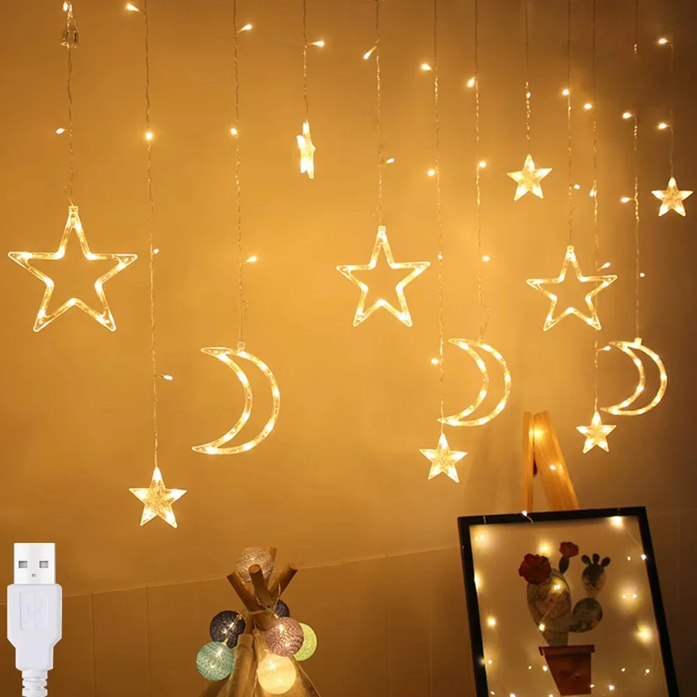 

Светодиодные гирлянды со звездой и луной на солнечной батарее/батарейке, водонепроницаемые гирлянды для занавесок для дома, свадьбы, праздника, вечеринки, декор