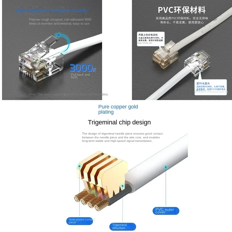 Cat3 RJ11 connector Cat.3-6P6C, modular cable head plug gold-plated pressed telephone crystal head (100 pieces)