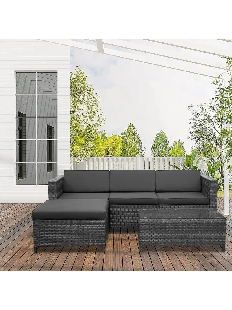 5 Piece Outdoor Patio Sectional Furniture Set, Weather Resistant Rattan Outside Couch, Waterproof Conversation Sofa