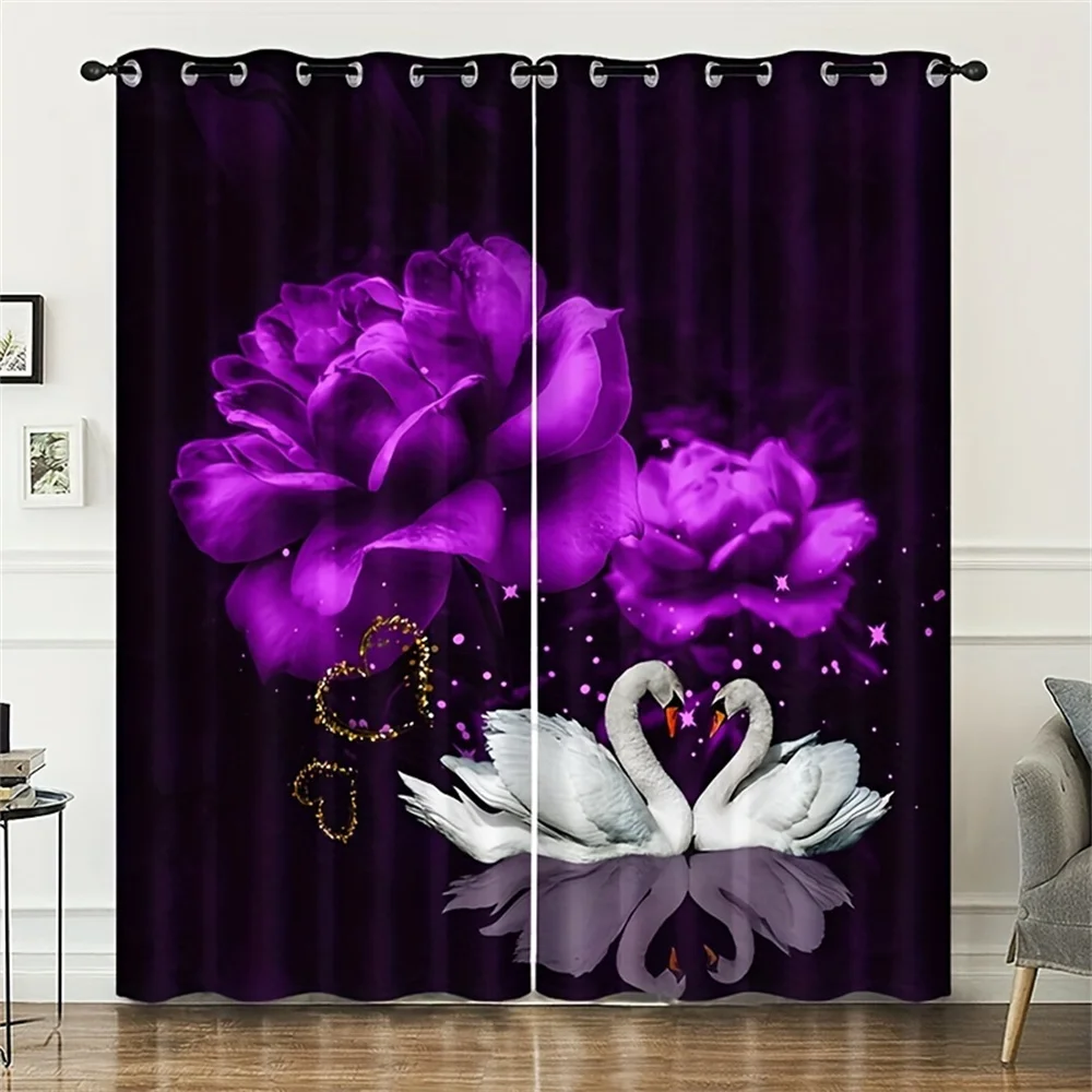 

2pcs Romantic Swan Rose Flower Print Polyester Curtains for Bedroom Office Kitchen Living Room Study Window Treatment Home Decor