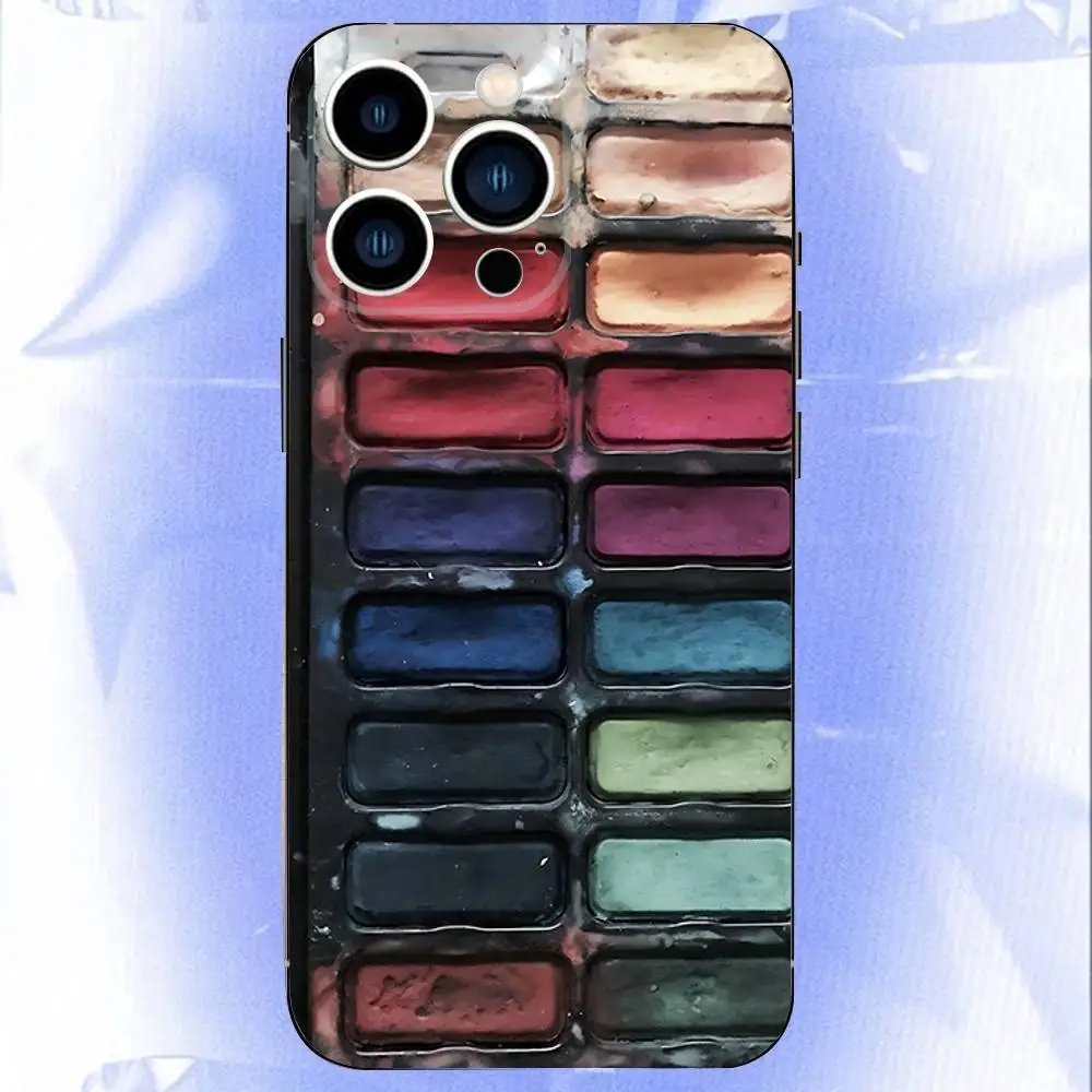 مجموعة الألوان المائية حالة الهاتف لوحة الطلاء 	   لهاتف iPhone 16e,16,15,14,13,12,11,Pro,X,XS,Max,XR,Plus,غطاء أسود ناعم صغير