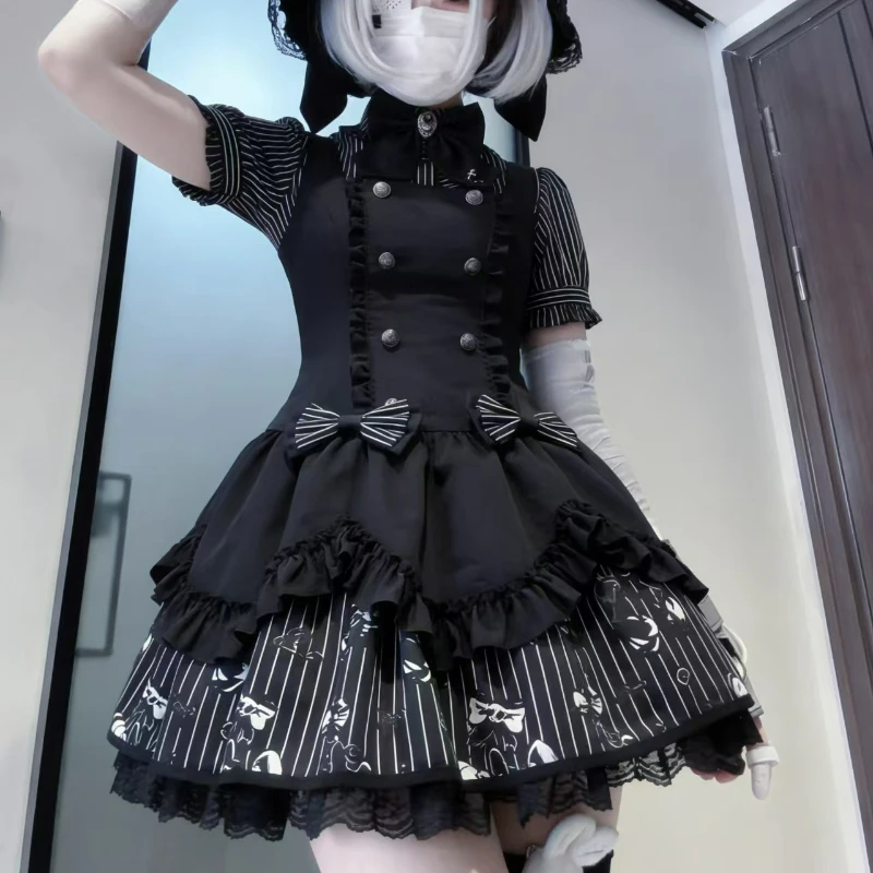 Japanese Gothic Y2k Lolita Style Dress Set Women Vintage Stripe Bow Short Sleeve Shirt Bandage Strap Dresses Harajuku Sweet Suit
