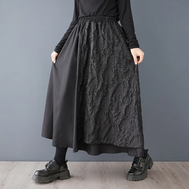 2024 New Arrival Autumn/winter Women Loose Casual Jacquard Patchwork A-line Mid-calf Skirt Elastic Waist Asymmetrical Skirts