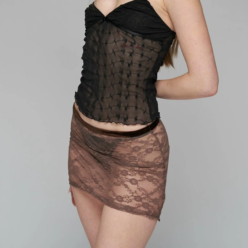 

Combhasaki Women Summer Party Clubwear Floral Lace Sheer See-through Patchwork Velevt Elastic Low Waist Short Mini Pencil Skirts