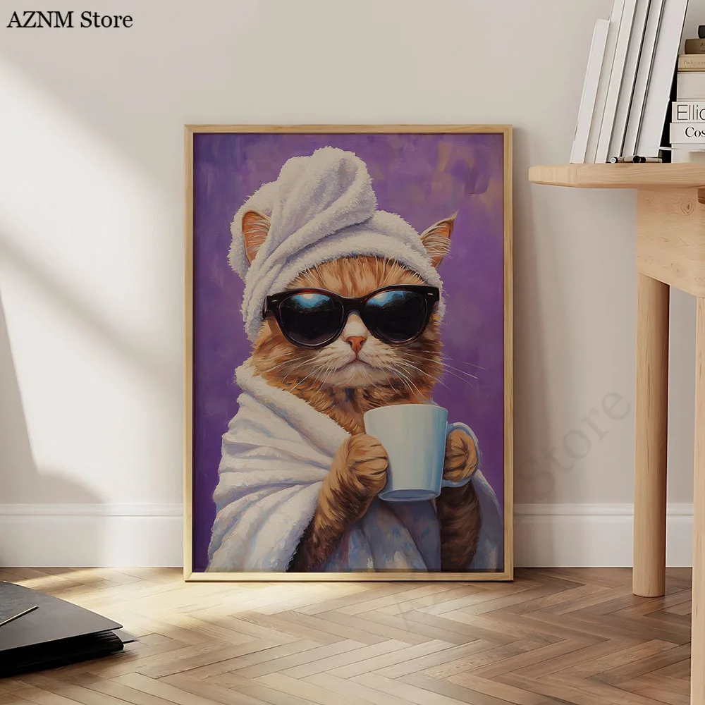 Tierisches Rosa Katzen-Kaffee-Trinkbild Poster Leinwanddruck Katzenkunst für Zimmer, Küche, Bar, Café Wanddekoration