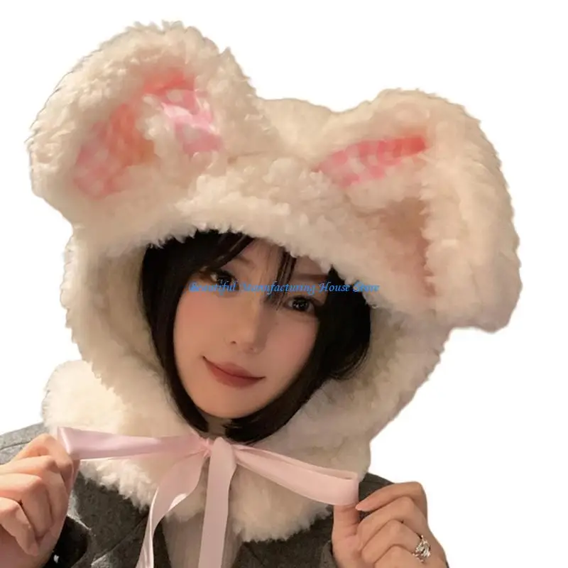 

E56A Girl Cartoon Hat Head Wrap Thicken Furry Rabbits Hat for Climbing Skiing Sports Headwear White Rabbits Hat Oversized Hat