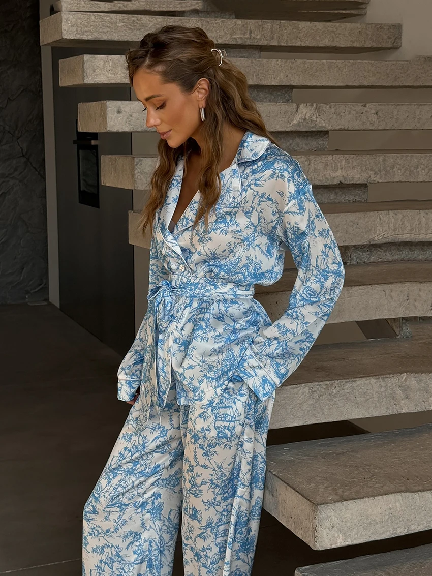 Marthaqiqi Printing Female Sleepwear Set Long Sleeve Robe Turn-Down Collar Pajamas Lace Up Nightgown Pants Casual Nightwear Suit