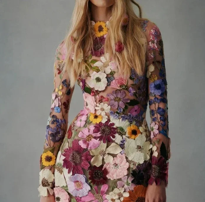 Damenkleider, Frühlingsmode, 3D-Blume, Mesh, Spitze, Stickerei, lässig, Stehkragen, lange Ärmel, schmale Passform, tägliches Minikleid