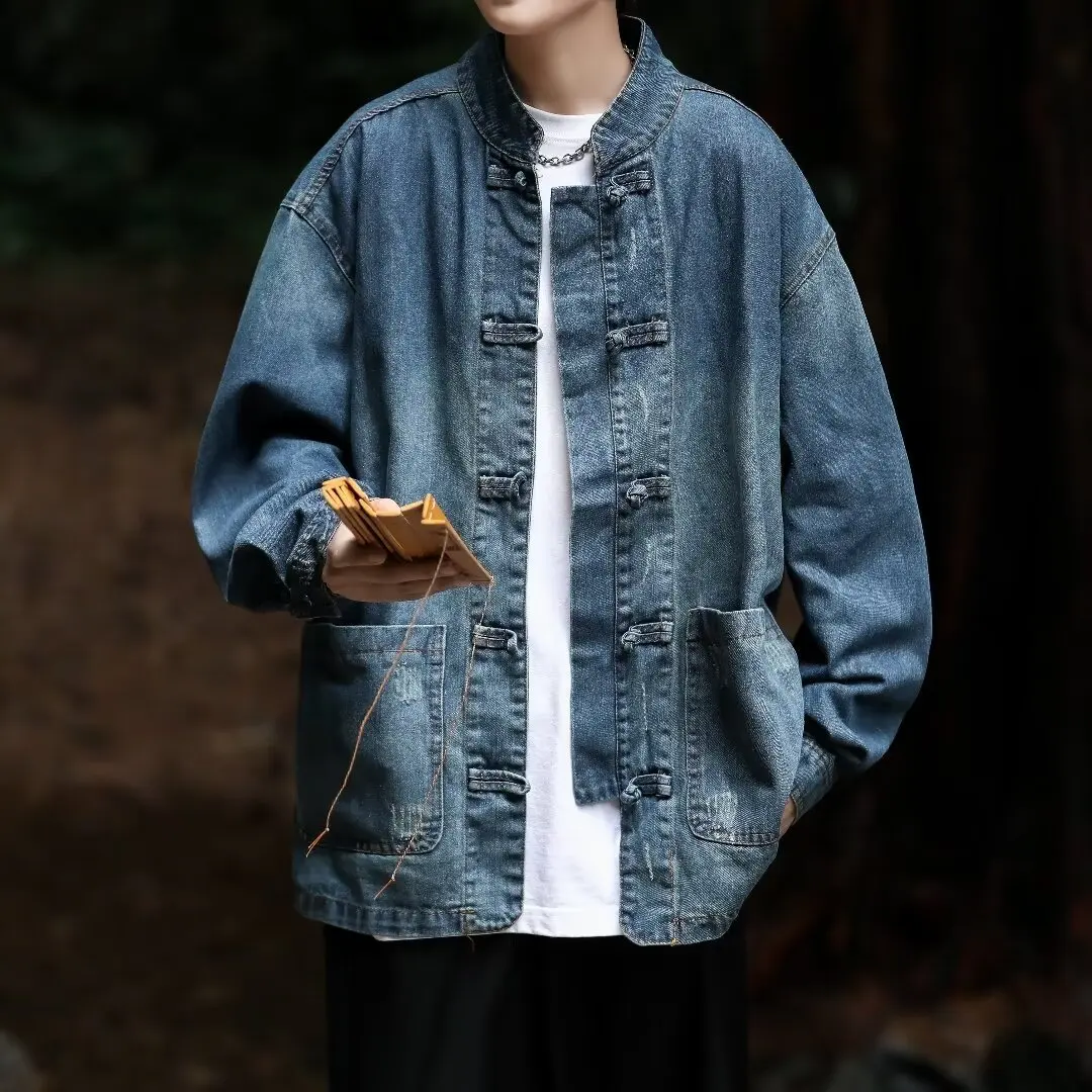 

Retro Chinese Sle Loose Fit Men's Denim Jaet with Multiple kets Autumn Winter Casual Waed Tang Costume Coat