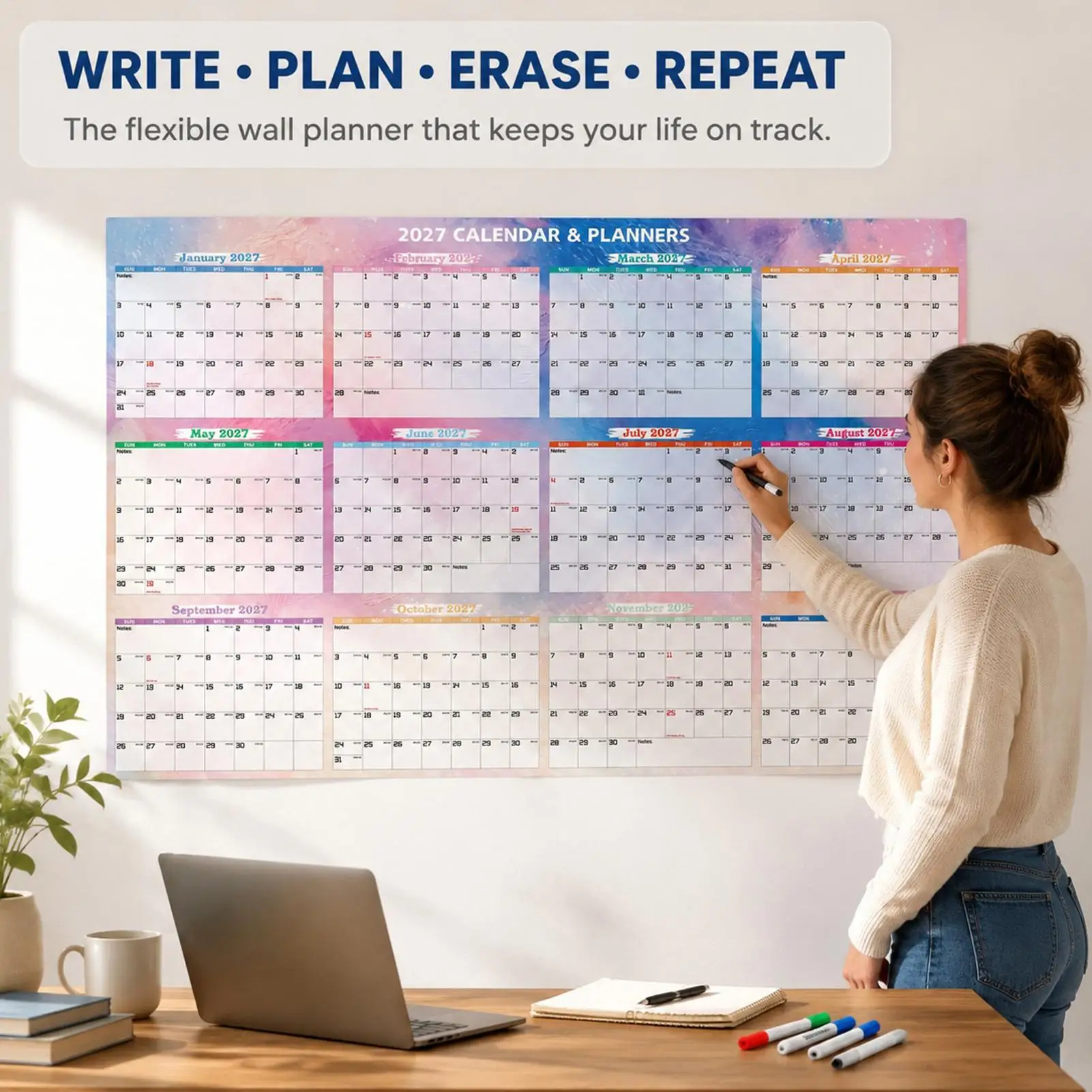 Dry Erase Calendar 2027 12 Month Large Wall Planner Erasable Monthly Whiteboard Calendar with 2 Pens, Annual Organizer