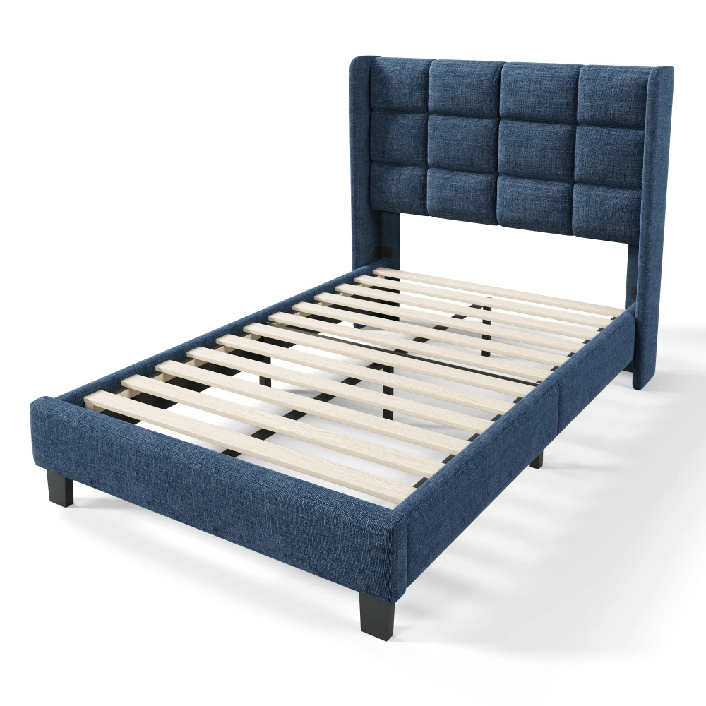 PINGGO Modernes Gepolstertes Einzelbett 90x200cm Blaues Leinen Gepolstertes Kopfteil Schiefergitter Mittlere Festigkeit Ohne Matratze – Detail 8