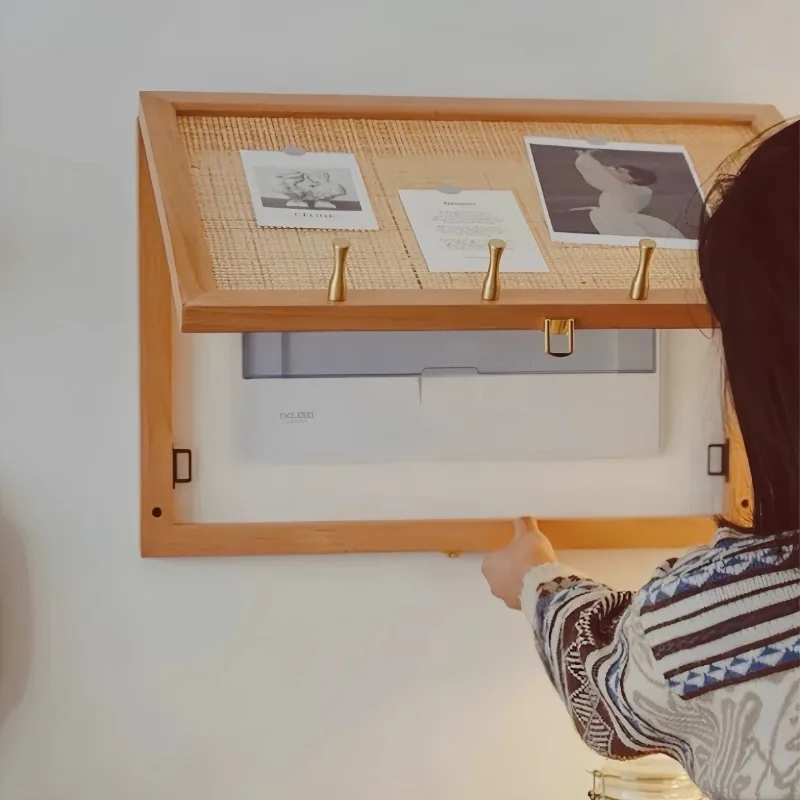 غطاء صندوق قواطع دوائر الروطان رف جدار مع لوحة زخرفية منسوجة وخطافات لغرفة المعيشة/مدخل لإخفاء الأسلاك التي لا يبدو #2