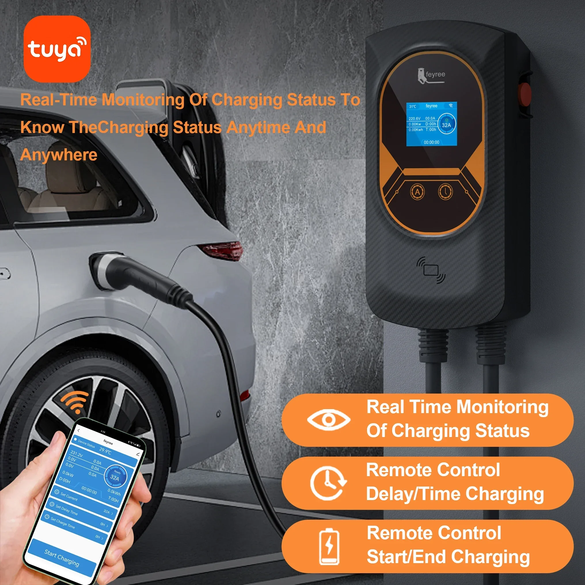 Feyree EVSE Wallbox Type2 كابل 32A 7.6KW EV شاحن سيارة 11KW 22KW 3 المرحلة محطة شحن APP التحكم للسيارات الكهربائية