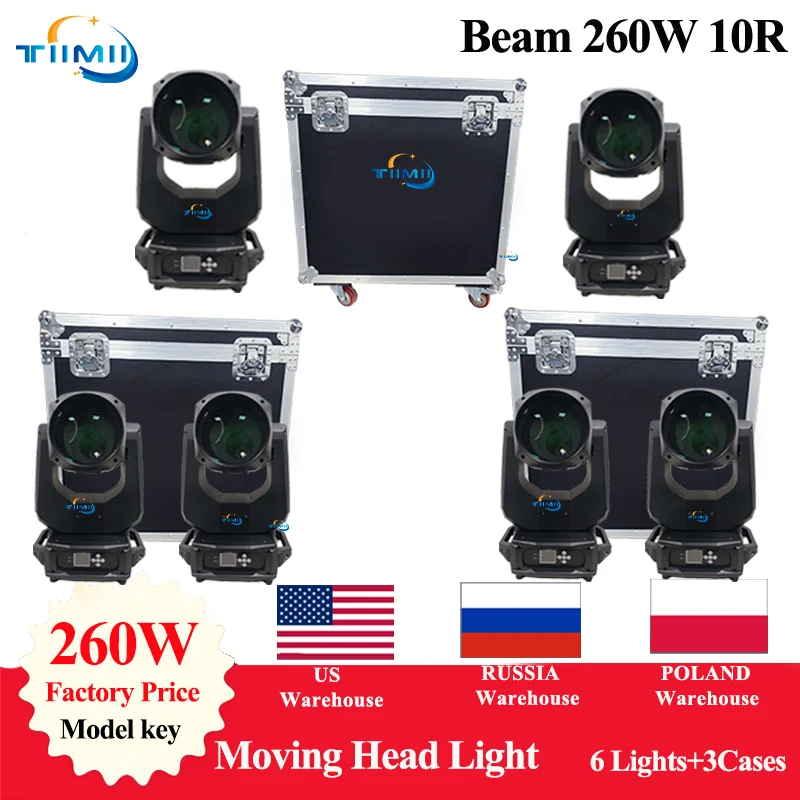 3Flightcase 6PCS Lyre Beam 10R 260W Moving Head Beam Light Sharpy Beam 260W Move Head Gobo Stage Wash Beam Super Bright Dj Light