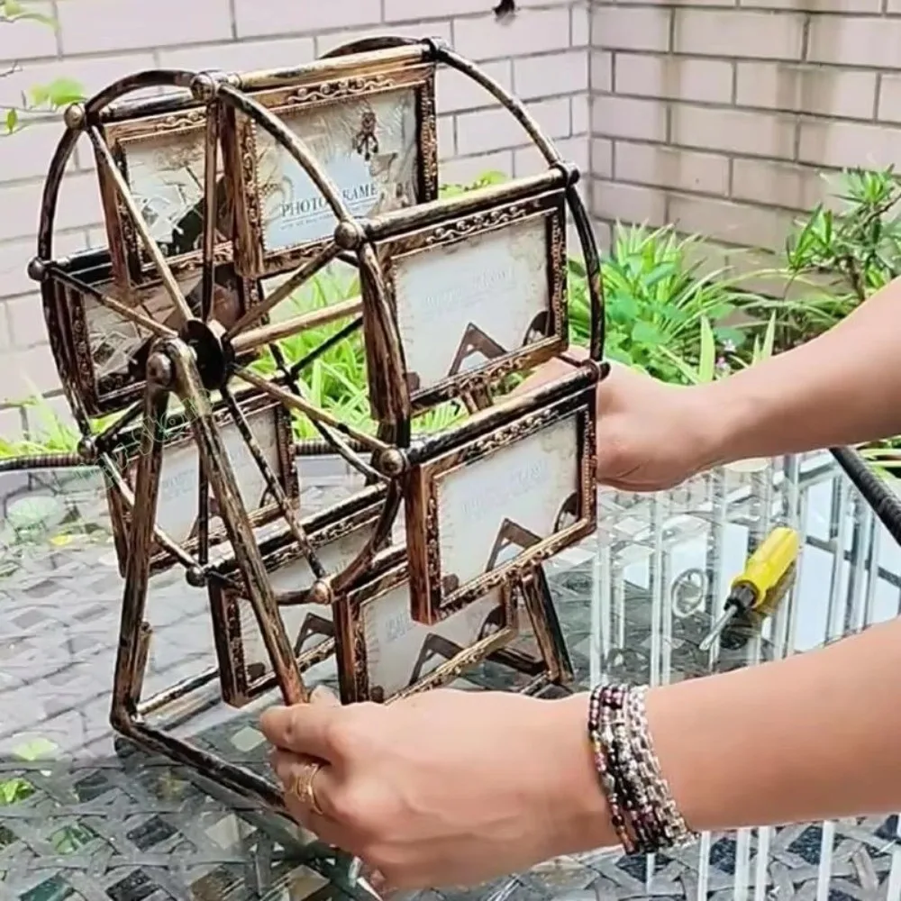 Vintage Ferris Wheel Photo Frame 360° Spin Changeable Rotatable Photo Frame 12 Picture Slots Photo Display Shelf Table Display