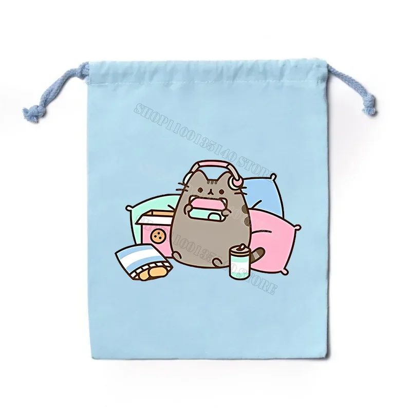 Pusheen Cat Canvas Drawstring Bag Cartoon Printed Cute Drawstring Handbag Anime Travel Outdoor Storage Bag Child Christmas Gifts