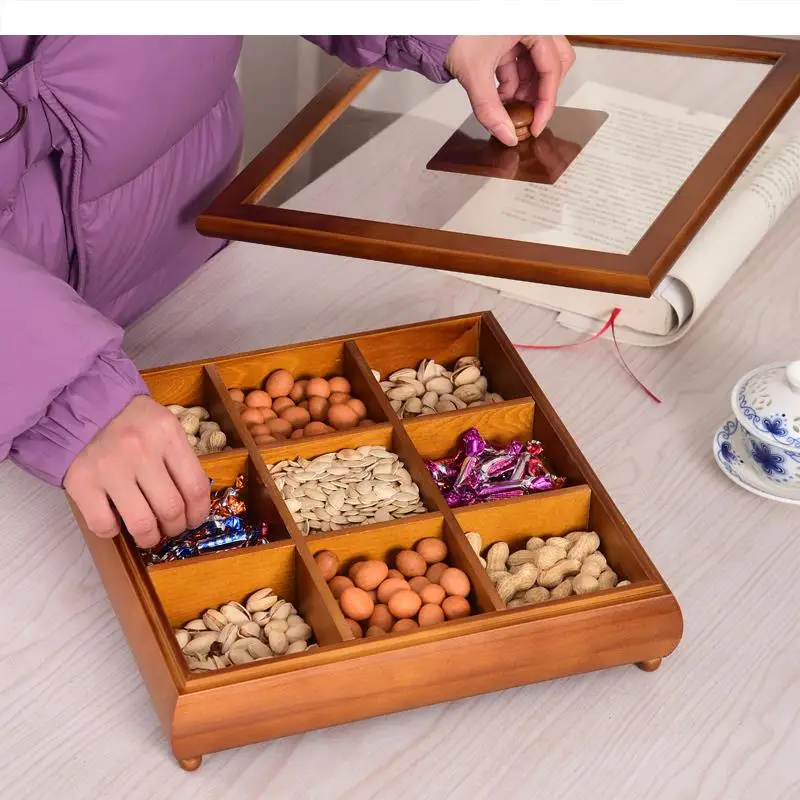 Solid Wood with Cover Dried Fruit Box Snack Storage Chinese Style Nut Plate Living Room Home Sorting Container