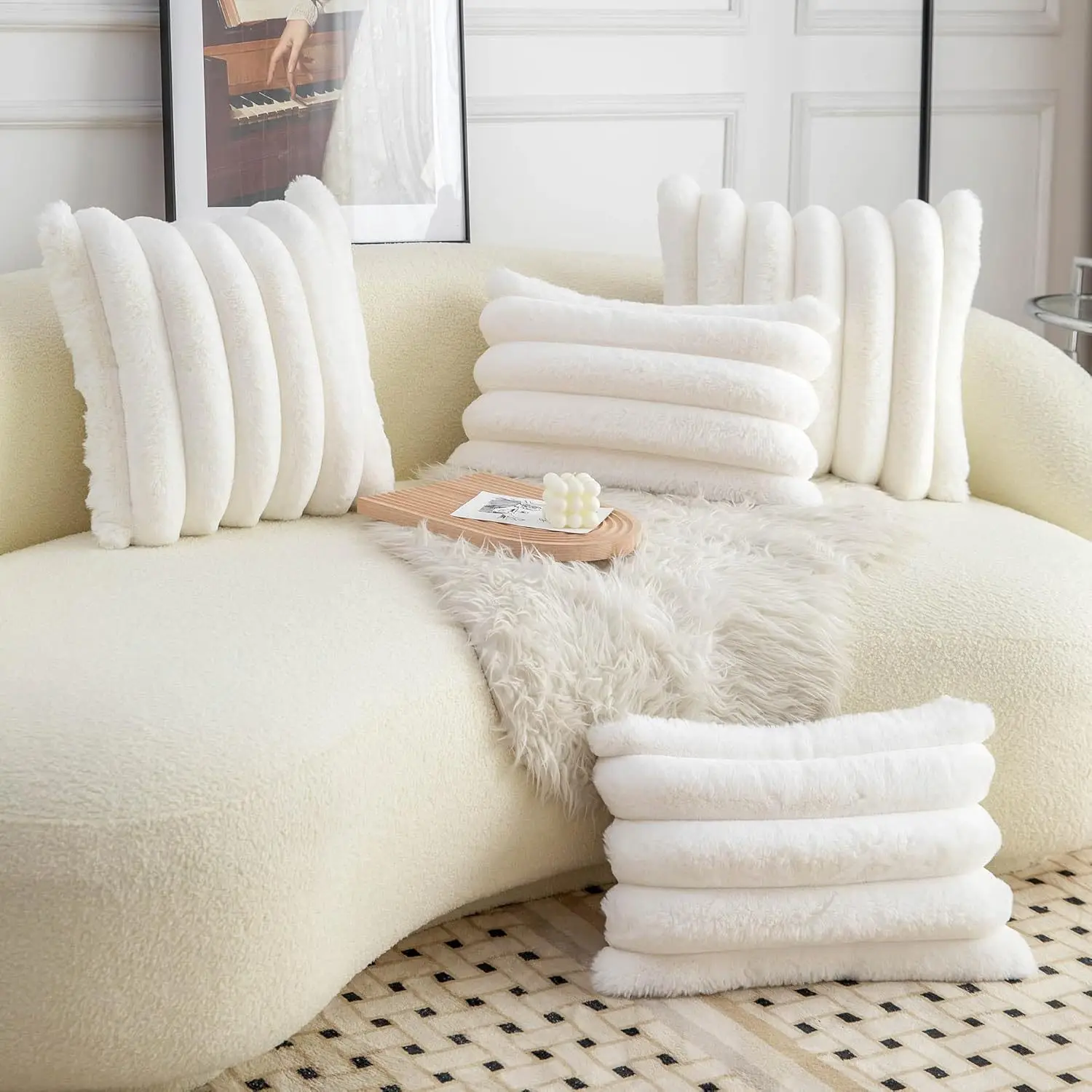 1pc 7cm Striped Plush Cushion Cover 30x50 45x45 50x50 Soft Decorative Pillowcase Home Decor Sofa Throw Pillow Cover White Beige