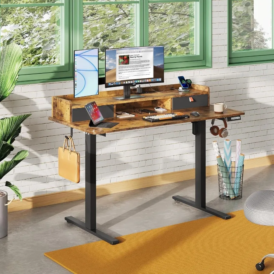 مكتب قائم كهربائي 48 × 24 Ih مع أدراج مكتب كمبيوتر مع 3 رف تخزين بارتفاع قابل للتعديل مدمج 2 تيار متردد + 2 منافذ USB #2