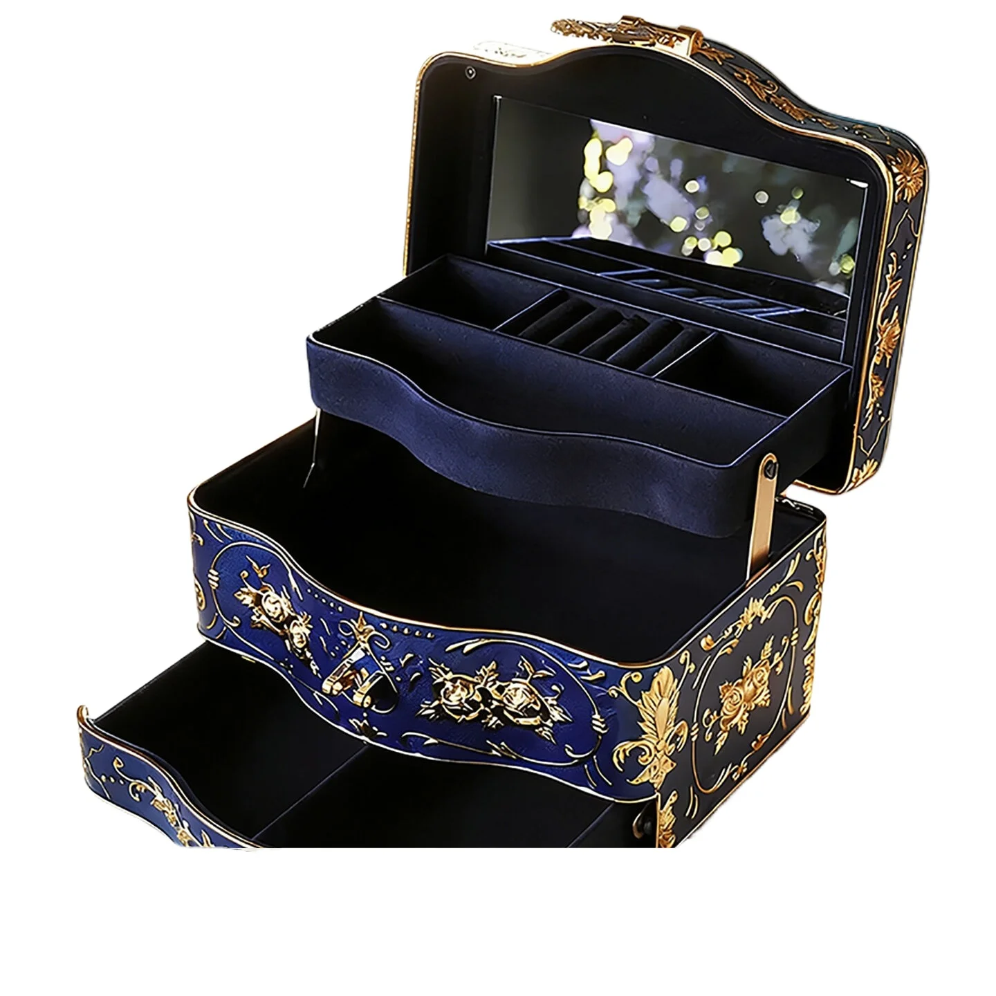 3 Tier Princess Jewelry Box European Style with Mirror and Lock Large Jewelry Ring Organizer Storage Case for Women Girls
