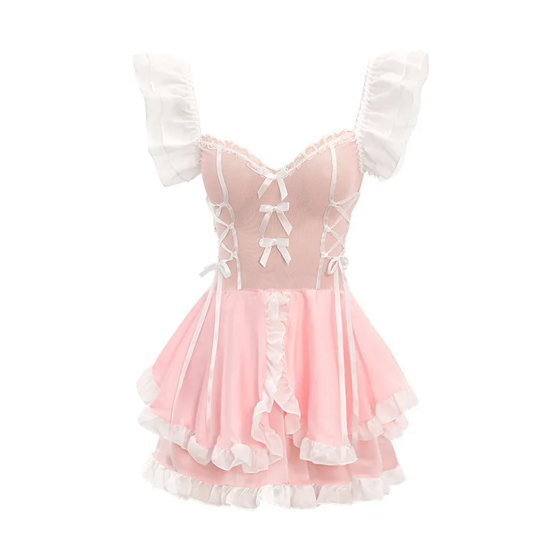 Lolita Sexy Lingerie  Maid Cosplay Costume Cute Pink Dress and Thong Anime School Girl Uniform Set for Woman Baby Doll Plus Size