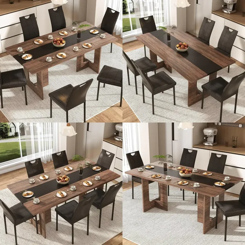 7 Pieces Dining Table & Chairs Set for 4-8 People, 71 Inch Kitchen Table with 6 Chairs, Rectangle Dining Table with,
