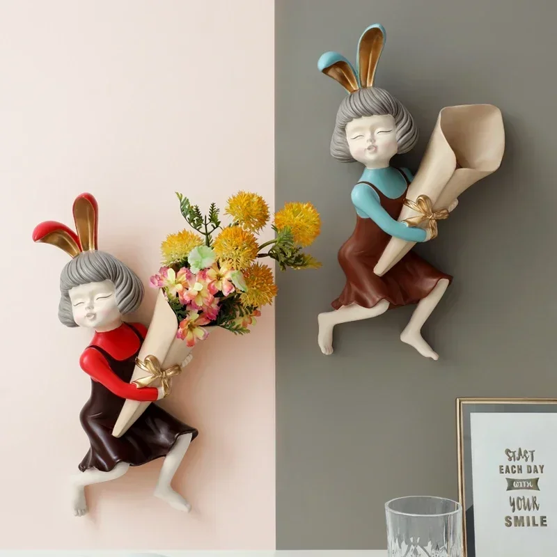 

Nordic Accessories Cute Resin Rabbit Girl Wall Vase Hall Wall Sticker Crafts Home Livingroom Background 3D Wall Mural Decoration