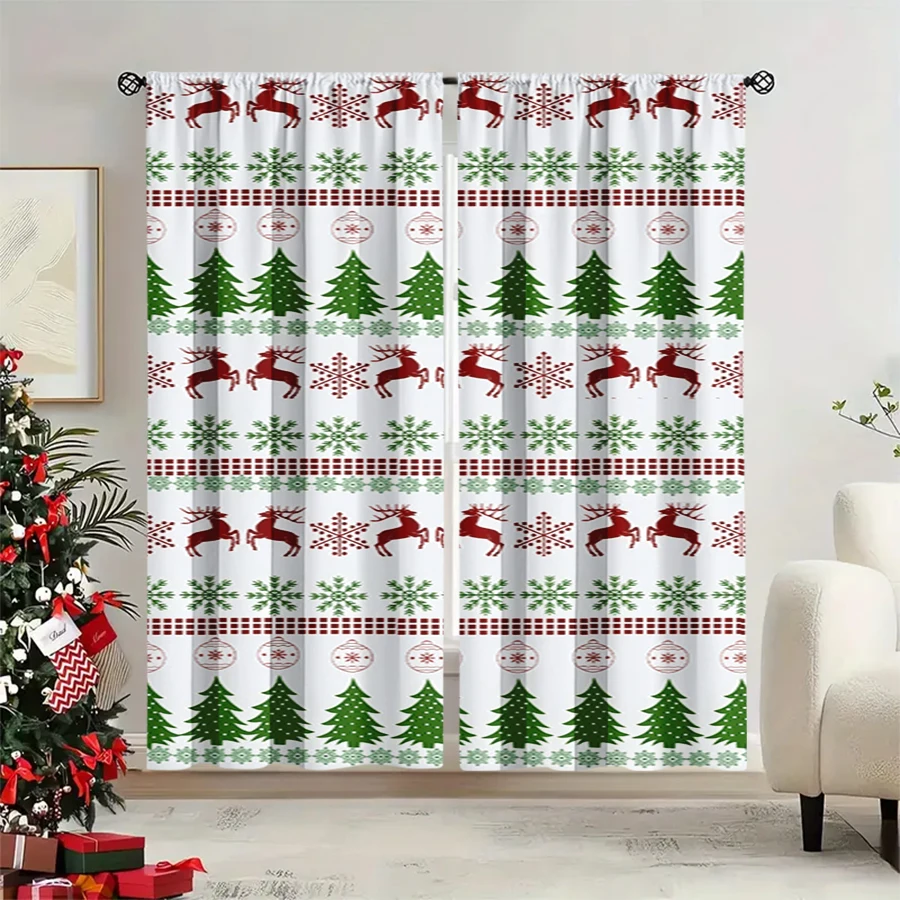 2PCS Christmas Winter Curtains, Fair Isle Knit Reindeer Snowflake Christmas Tree, Digital Print, Bedroom Living Room, Home Decor